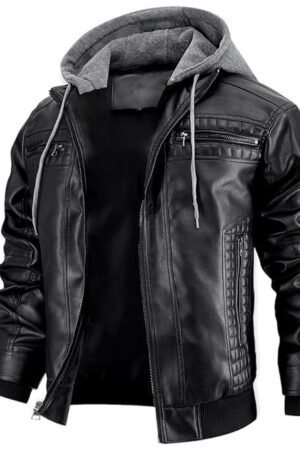 Blaq Ash Men's Black Faux Leather Jacket with Zipper, Multiple Pockets, and Removable Hood Design