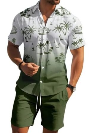 Men’s Printed Co-Ord Set | Plus Size Casual Shirt & Shorts Set | Nightwear Pajama Suit, Loungewear, Beachwear & Vacation Outfit Design No ME_NS Sky 07 Green Coconut