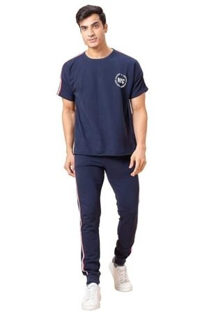 Globus Men Navy Solid Cotton Sports Co-Ords Set with T-shirt and Jogger