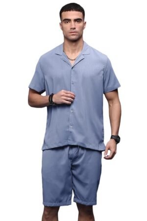 SHOWOFF Men's Blue Cuban Collar Self Design Co-Ords Set Parnavi-3347_Blue