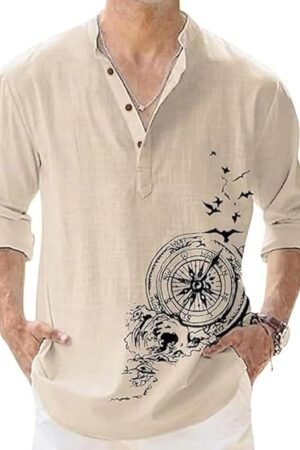 DEELMO Men's Cotton Blend Mandarin Collar Self One Design Full Sleeve Casual Short Kurta