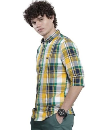 The Indian Garage Co Men's Cotton Regular Fit Checkered Full Sleeves Cutaway Collar Casual Shirt