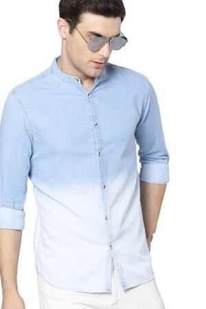 Dennis Lingo Men's Cotton Full Sleeves Cotton Denim Solid Casual Shirt with Mandarin Collar (Light Blue, M)