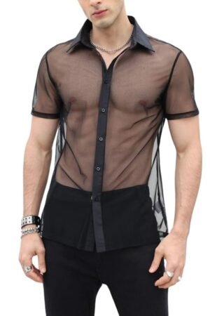 Verdusa Men's Sheer Mesh Button Up Shirt See Through Short Sleeve Top