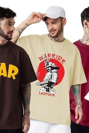 LEOTUDE Men's Cotton Regular Fit Half Sleeve Oversized Tshirt, Round Neck Longline Drop Shoulder | ful Printed Combo T-Shirt