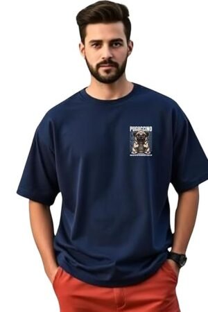 URGEAR Oversized T-Shirt for Men, Navy Blue, Pug Print Design, Casual Fit