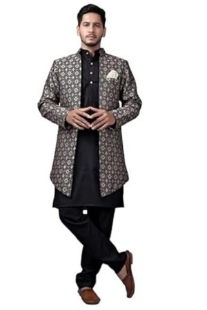 Amzira Men's Stylish Ethnic Wear Black Kurta Pajama Set with Long Jacket,
