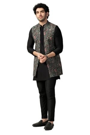KISAH Men's Kurta Jacket Trouser Set, Multi Cotton Blend, Printed Regular Fit Mandarin Collar Long Sleeves