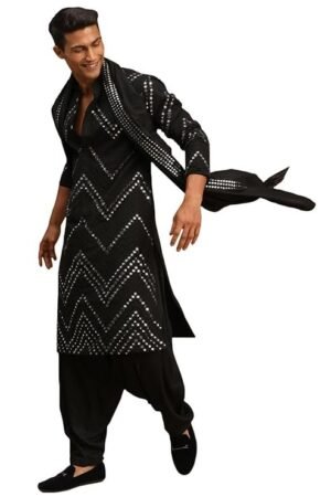 VASTRAMAY Men's Georgette Kurta and Patiala Set | Mirror work Georgette Kurta With Patiala and Dupatta
