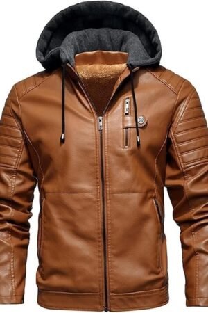 Pomo-Z Men’s Casual Stylish Premium PU Leather Zip-Up Motorcycle Bomber Jacket With a Removable Hood