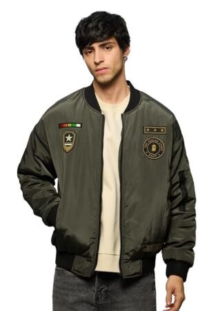 The Souled Store Bomber Jacket: Souled Army Men and Boys Long Sleeves Band Collar Zipper Front Olive Embroidered Polyester Oversized Puffer Jackets