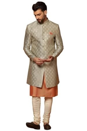KISAH Men's Grey and Orange Indo-Western Kurta Sherwani Churidar Set Cotton Full Sleaves, Knee Length, Straight, Regular Fit, Mandarin Collar Ethnic Wear
