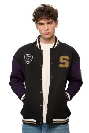 The Souled Store Souled Originals Jacket: Varsity Men and Boys Long Sleeves Band Neck Black Cotton Blend Oversized Varsity Jackets