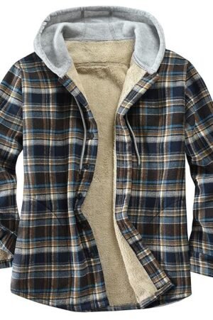Derbars Men's Cotton Plaid Shirts Jacket Fleece Lined Flannel Shirts Sherpa Button Down Jackets with Hood for Men