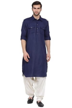 VASTRAMAY Men's Cotton Blend Pathani Kurta Set || Stylish Pathani Style Kurta with Roll Up Sleeves and Relaxed Fit Patiala Salwar