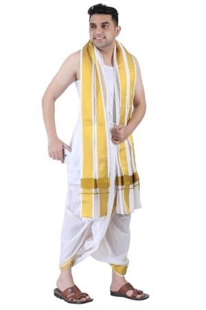 PRAKASAM COTTON Men Cotton Panjakejam (Ready To Wear) Casual Style Dhoti Towel Set With Pocket