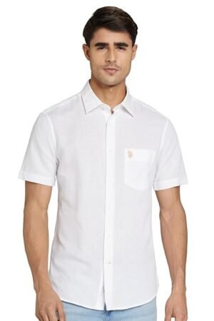 U.S. POLO ASSN. Men's Solid Cotton Linen Spread Collar Half Sleeve Shirts