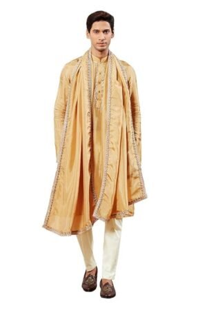 VASTRAMAY Men's Tissue Silk Kurta Pyjama And Dupatta Set - Full Sleeves with Lace Detailing, Golden Border Dupatta for Weddings & Festive Occasions