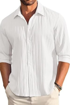 CB-COLEBROOK Men's Casual Button Down Shirts Long Sleeve Linen Shirt Fashion Textured Beach Summer Shirts