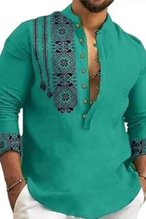 DEELMO Men's Cotton Blend Mandarin Collar Self One Design Full Sleeve Casual Short Kurta