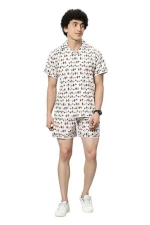 GLOBALRANG Men's Printed Pajama Set/Co-ord Set/Night Wear/Beach Wear (Cream, Large)